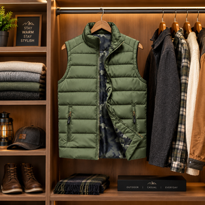Gilet matelassé tactique léger et coupe-vent vert pour homme avec col montant, poches zippées et fermeture - Product Image 5