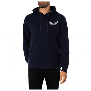 Men's <b>Navy</b> Blue Hooded <b>Sweatshirt</b> Regular Fit Cotton French Terry Casual Pullover With Front Pocket Autumn Wear - Product Image 4