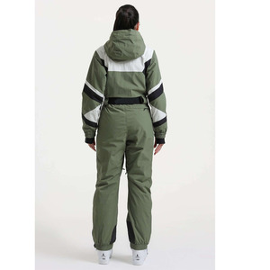 Custom <b>Women</b> <b>One</b> <b>Piece</b> <b>Ski</b> <b>Suit</b> Waterproof Windproof Olive Green Color Block Snowboard Jumpsuit with Hood and Belt - Product Image 2
