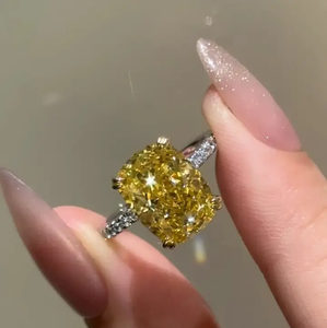 Trendy 925 Moissanite Diamond Yellow Stone Elongated <b>Cushion</b> Cut Engagement <b>Ring</b> In Sterling Silver White Gold Plated for Women - Product Image 3