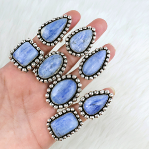 Natural Blue Kyanite Vintage Women's <b>Statement</b> Wholesale Handmade Jewelry Artisan Brass P Beaded Edge <b>Rings</b> - Product Image 1