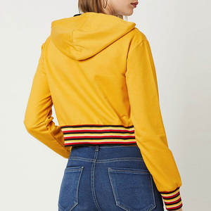 Sudadera con capucha corta a rayas amarillas para mujer, informal, de manga larga, con cordón ajustable - Product Image 3