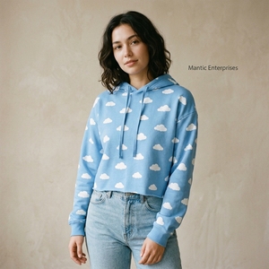 Breathable High Quality <b>Women</b> Crop Top Custom OEM Streetwear Light <b>Blue</b> Cloud Print Cropped <b>Hoodie</b> Casual Drop Shoulder - Product Image 1