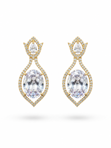 ELVORA GEMS Boucles d'oreilles pendantes classiques pour femme, en forme de goutte d'eau, serties de diamants ovales, plaqué or massif 18 carats, bijoux de mariage - Product Image 3