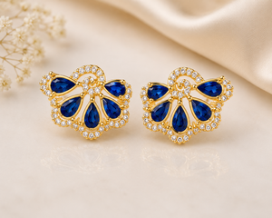 Gold Plated Blue Zircon Flower <b>Fine</b> <b>Stud</b> <b>Earrings</b> Diamond Accent Ear Jewelry for Women Party Gift - Product Image 5