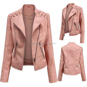Rose fermeture éclair Moto Biker Style ajusté matelassé point cuir femmes vestes avec dentelle Accents poches zippées élégant automne vêtements d'extérieur - Product Image 6