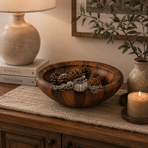 Tazón para ensalada de madera de acacia ecológico hecho a mano con un elegante adorno de peltre con diseño de calabaza para decoración rústica de mesa en otoño, regalos de boda - Product Image 6