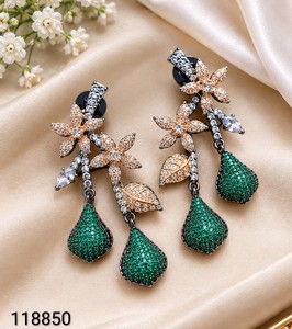 Luxury Dual Tone Gold <b>Black</b> Rhodium CZ Floral Dangle <b>Earrings</b> Emerald Green Crystal Teardrop Pave Statement <b>Earrings</b> for Women - Product Image 2