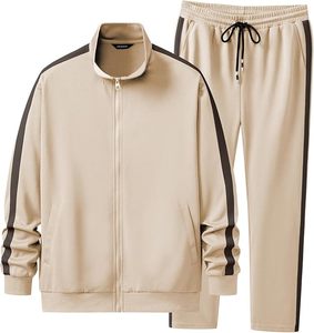 Ensemble de survêtement beige pour homme, manches longues, col montant, taille élastique, tenue décontractée d'automne, 100 % polyester, couleur unie, coupe classique - Product Image 1