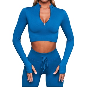 Conjunto de Yoga acanalado de cintura alta, ropa deportiva transpirable para correr con cuello en V, gimnasio, conjuntos de Yoga de nailon Spandex de secado rápido con corte automatizado - Product Image 6