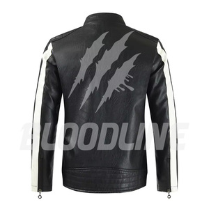 BLOODLINE Men's PU Leather Moto <b>Biker</b> <b>Jacket</b> Slim Fit Zipper Closure Stand Collar Color Blocking Design Autumn Wear - Product Image 2