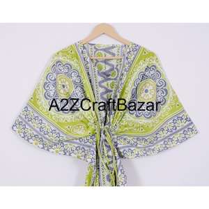 Kaftán Corto Hecho a Mano en India con Estampado Floral, Ecológico, Lavable, Ropa de Dormir Natural, Kimono, Vestido, Cubrebaño Corto para la Playa - Product Image 2