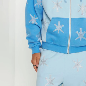 Men's <b>Light</b> Blue Hooded Tracksuit With <b>Snowflake</b> Embroidery Full Length Zipper Casual Winter Wear 100% Cotton Loose Fit - Product Image 4