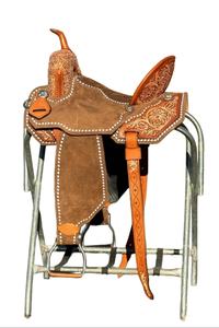 2025 marrón Roughout Floral cuero caballo sillín portátil occidental montar caballo sillín occidental doma sillas para caballos cuero - Product Image 3