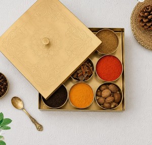 Modern Iron Spice Organizer <b>Box</b> with Engraved Lid Multipurpose Kitchen Storage Container for Spices Square Iron Masala Dabba - Product Image 6
