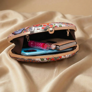 Premium Madhubani Oval Clutch Metal <b>Frame</b> Hard Case Satin Fabric Outer Raw Silk Lining with Crystal Closure - Product Image 2