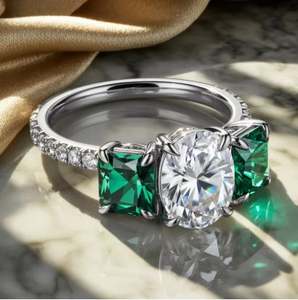 Anillo de Compromiso de Plata de Ley Chapado en Oro con Moissanita de Corte Ovalado y Piedras Laterales de Esmeralda de Laboratorio, Anillo de Lujo para Boda y Aniversario - Product Image 5