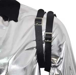 Men's Silver Leather Slim <b>Jacket</b> <b>Punk</b> Style Stand Collar Waterproof Zipper Closure Regular Sleeve Autumn Wear - Product Image 4