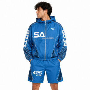 Chaqueta Cortavientos Azul con Capucha para Hombre, Marca Personalizada, con Cremallera y Pantalones Cortos a Juego, Traje Deportivo, Corte Regular, Ropa de Verano - Product Image 1