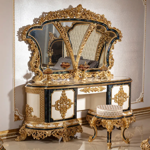 Elegant French Style Solid Mahogany <b>Dressing</b> <b>Table</b> with Mirror <b>Black</b> Gold Hand Carved Luxury Vanity Set for Bedroom Furniture - Product Image 1