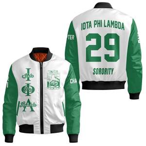 Chaqueta Universitaria Personalizada para Mujer Iota Phi Lambda, Blanca con Verde Esmeralda, Escudo con Letras Griegas en la Parte Delantera y Trasera, Chaqueta Bomber con Cierre de Cremallera y Año - Product Image 3