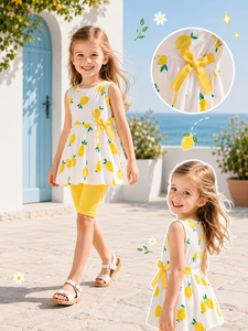 Ensemble robe sans manches et short jaune à imprimé citron pour filles, tenue d'été mignonne, tissu respirant en polyester et coton, Bangladesh - Product Image 2