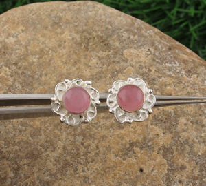 Pendientes de Jade Rosa Natural, Plata de Ley 925, Gema Redonda para Mujer, Joyería de Lujo para Fiesta, Hechos a Mano, Venta al por Mayor - Product Image 2