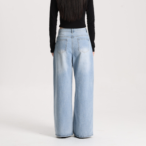 Pantalon en jean vintage pour femme, coupe large, taille haute, décontracté, bleu délavé, pour usage quotidien - Product Image 2