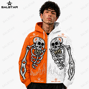 Sweat à capuche squelette orange et blanc personnalisé pour homme, style gothique, broderie strass, fermeture éclair, streetwear tendance - Product Image 3