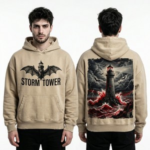 Sweat-shirt en coton épais beige sable personnalisé avec imprimé graphique chauve-souris Storm Tower pour homme, coupe oversize, style streetwear, fabrication usine - Product Image 1