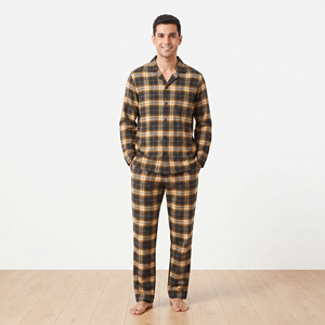 Ensemble pyjama en flanelle pour homme, manches longues, chemise boutonnée à carreaux, pantalon, 100% coton, vêtements de nuit respirants, costume à carreaux pour homme - Product Image 1