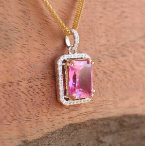 Pink Moissanite Geometric 14K Gold Pendant Necklace Radiant Cut Unisex Anniversary Birthday <b>Gift</b> - Product Image 2