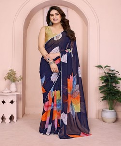 Sari de poliéster con estampado digital azul marino de diseñador, con un colorido diseño de hojas, listo para usar, para uso casual, para mujeres de India y Pakistán. - Product Image 1