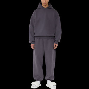 Ensemble de survêtement à capuche vert clair pour homme, 100 % coton, coupe ample, couleur unie, tenue décontractée avec poches latérales et taille élastique - Product Image 2