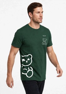 ONETEN APPAREL เสื้อยืดแขนสั้นผู้ชายสีเขียวพิมพ์ลายการ์ตูนหมีเสื้อยืดคอกลมลำลอง - Product Image 3