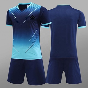 Ensemble de maillot de football personnalisé bleu marine dégradé, col en V, manches courtes, uniforme d'équipe adulte sublimé avec short - Product Image 1