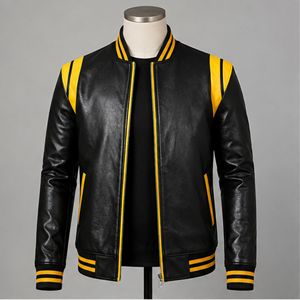 Blouson Bomber Varsity en Cuir Véritable Noir et Jaune pour Homme, Col Montant, Fermeture Éclair, Style Moto Biker, Coupe-Vent, Automne - Product Image 1