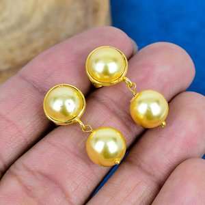 Handmade Golden Pearl Round Shape Gemstone Dangle <b>Stud</b> Earrings 18k Gold Micron Over 925 <b>Sterling</b> <b>Silver</b> - Product Image 1