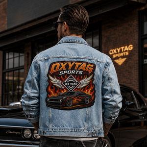 Patch brodé OXYTAG Sports avec motif flamme et voiture, appliqué thermocollant, forme irrégulière, tissu tissé, prix de gros, OEM - Product Image 5
