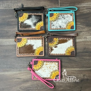 Portefeuille Western en Cuir Véritable de Vachette avec Motif Tournesol, Élégant et Luxueux, Petite Pochette Zippée pour Monnaie et Cartes Bancaires - Product Image 1