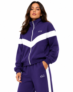 High Neck Zip Jacket <b>Two</b> <b>Piece</b> Athleisure <b>Set</b> Wide Leg <b>Lounge</b> Pants OEM Elastic Cuff and Hem Hoodies Color Block Panel Tracksuit - Product Image 4