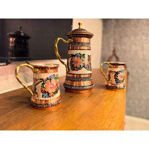 Tasses de voyage en cuivre pur écologiques avec poignées en acier au carbone, isolation chaud/froid, motifs peints à la main, coffrets cadeaux - Product Image 6