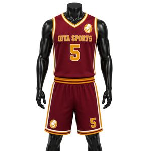 Ensemble uniforme de basket-ball pour hommes et femmes, maillot et short jaune bordeaux, vêtements de sport légers et confortables pour équipe sportive Oita - Product Image 1
