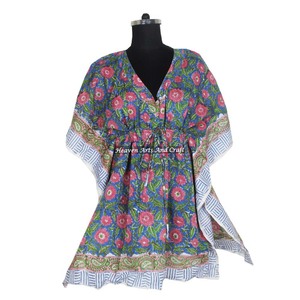 Caftán de Algodón Estampado a Mano, Abaya India Hecha a Mano, Diseño Maxi KFCS041 con Mangas Cortas, Talla XL, Estilo Dubái - Product Image 3