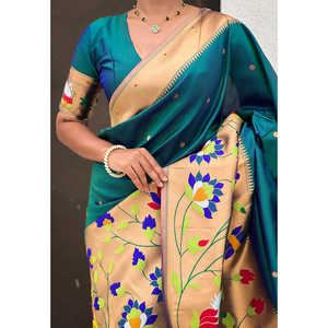 Sari en soie Paithani verte Elite Weaves avec grande bordure tissée Zari, concept demi-hauteur, vêtement indien/pakistanais - Product Image 3