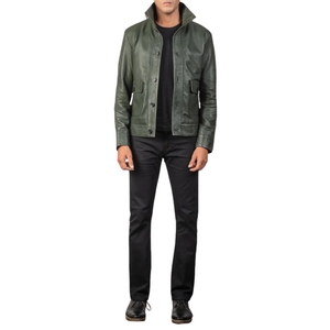 <b>Men</b>’s Dark Olive Green Genuine Leather <b>Field</b> <b>Jacket</b> Stand Collar Multi Pocket Full Zip Premium Casual Outerwear - Product Image 5