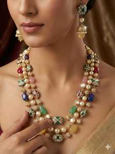 Fabricante y Mayorista Indio de Conjuntos de Collar y Pendientes Mala de Latón con Cuentas Finas, Chapado en Oro Antiguo, con Perlas de Imitación Verdes y Rojas - Product Image 2
