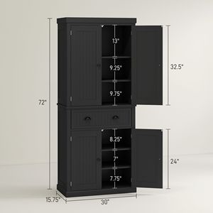 72-Inch Modern <b>Kitchen</b> <b>Pantry</b> Storage Cabinet Black Wood and Metal with 4 Doors 3 Adjustable Shelves Large Central Drawer - Product Image 3