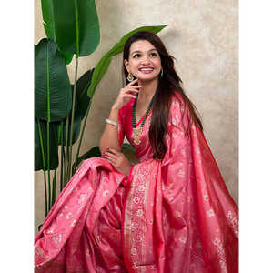 Sari de Seda Tejida Banarasi Jaal Zari Rosa Bebé, Ropa India y Pakistaní de Elite Weaves - Product Image 5