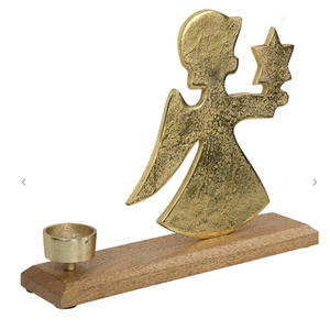 Porte-bougie en aluminium en forme d'ange avec étoile, pour bougie chauffe-plat de Noël, avec base en bois de manguier, hauteur 12 pouces - Product Image 4